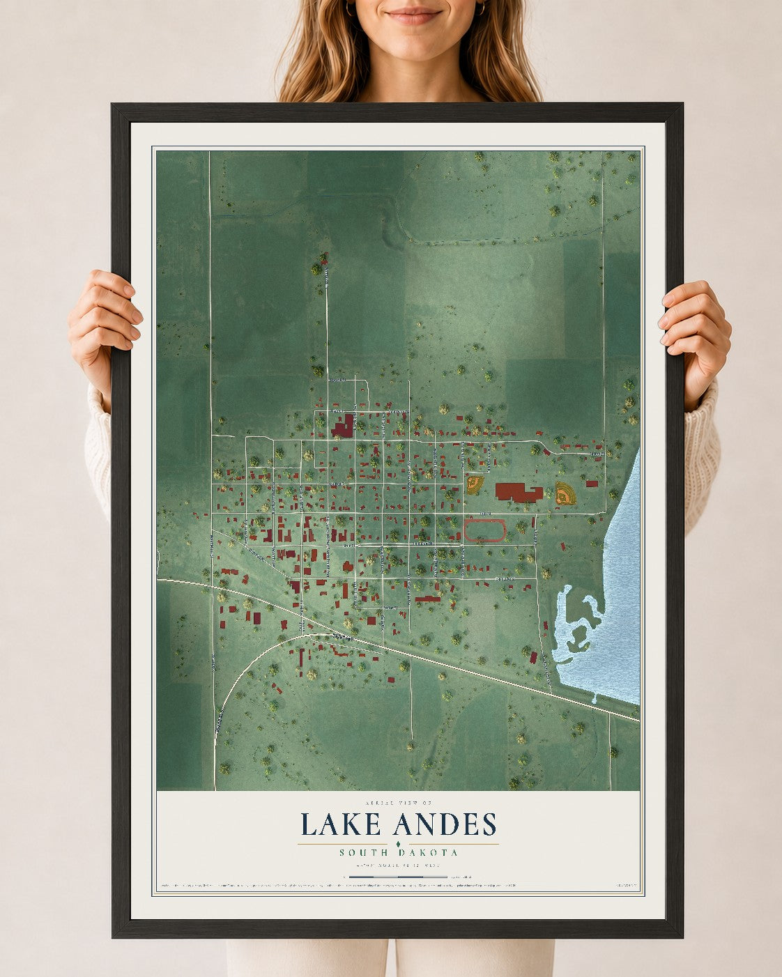 Map of Lake Andes, South Dakota, 24 x 36 inch print in a black wood frame
