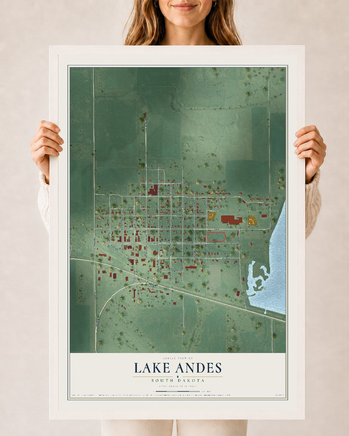 Map of Lake Andes, South Dakota, 24 x 36 inch print in a white wood frame