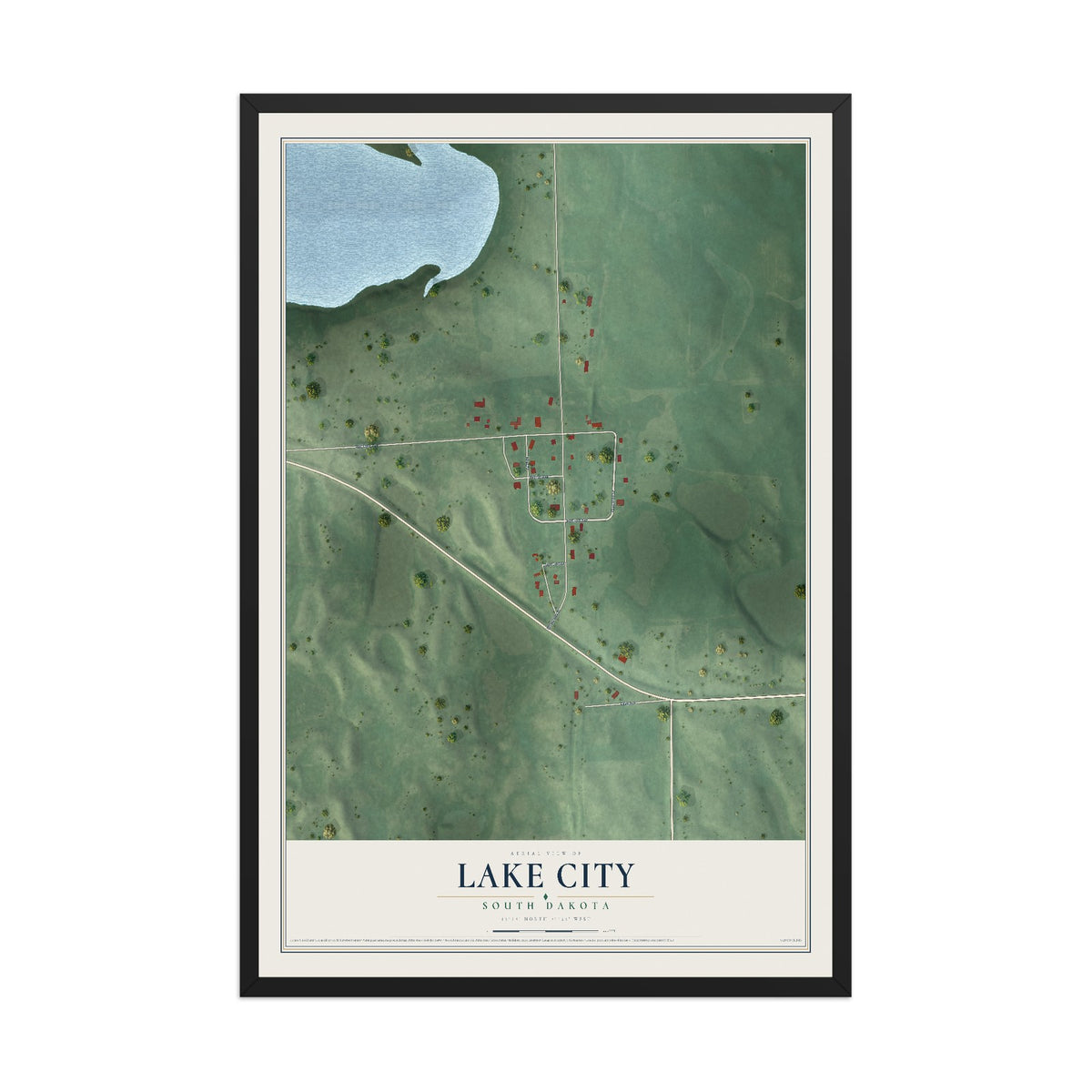 Map of Lake City, South Dakota, 12 x 18 inch print in a black wood frame