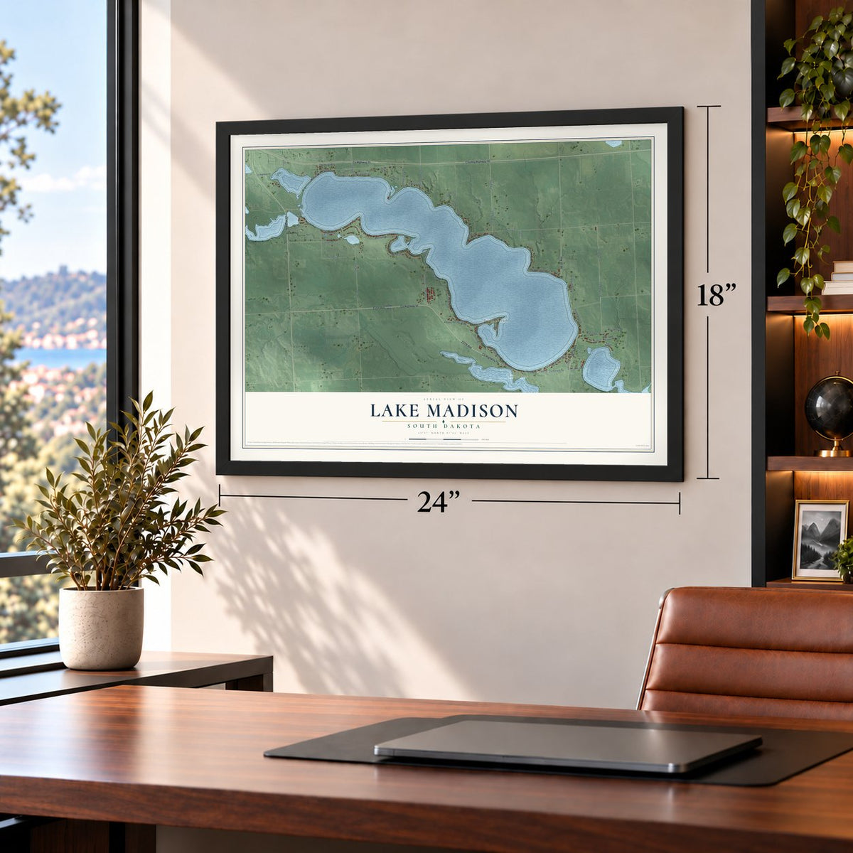 Lake Madison, South Dakota map, 18 x 24 inch print in a black frame in a home office