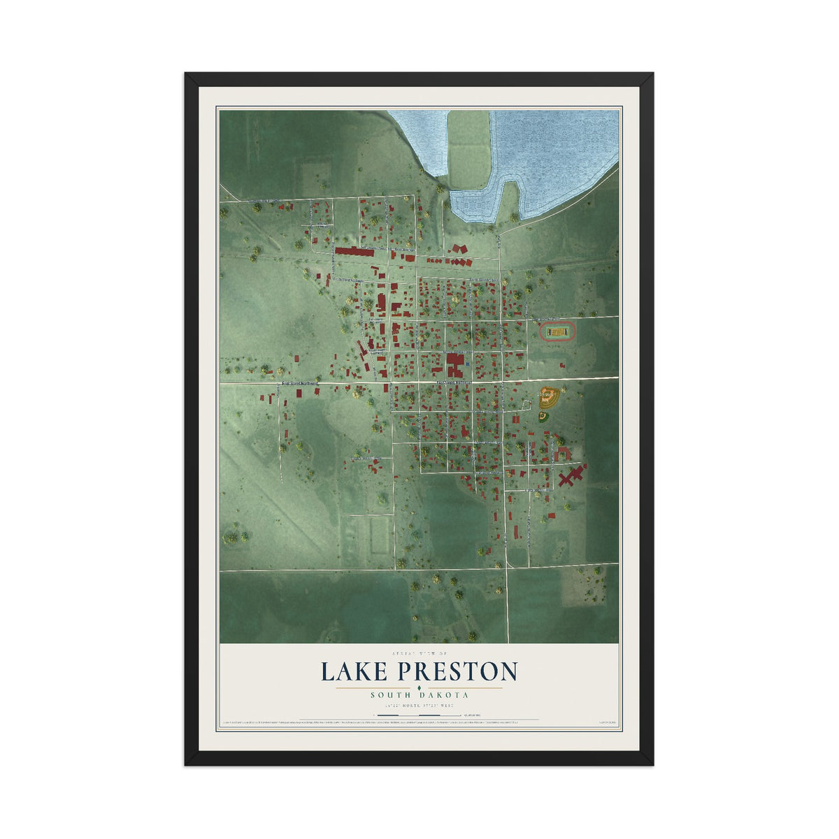 Map of Lake Preston, South Dakota, 12 x 18 inch print in a black wood frame