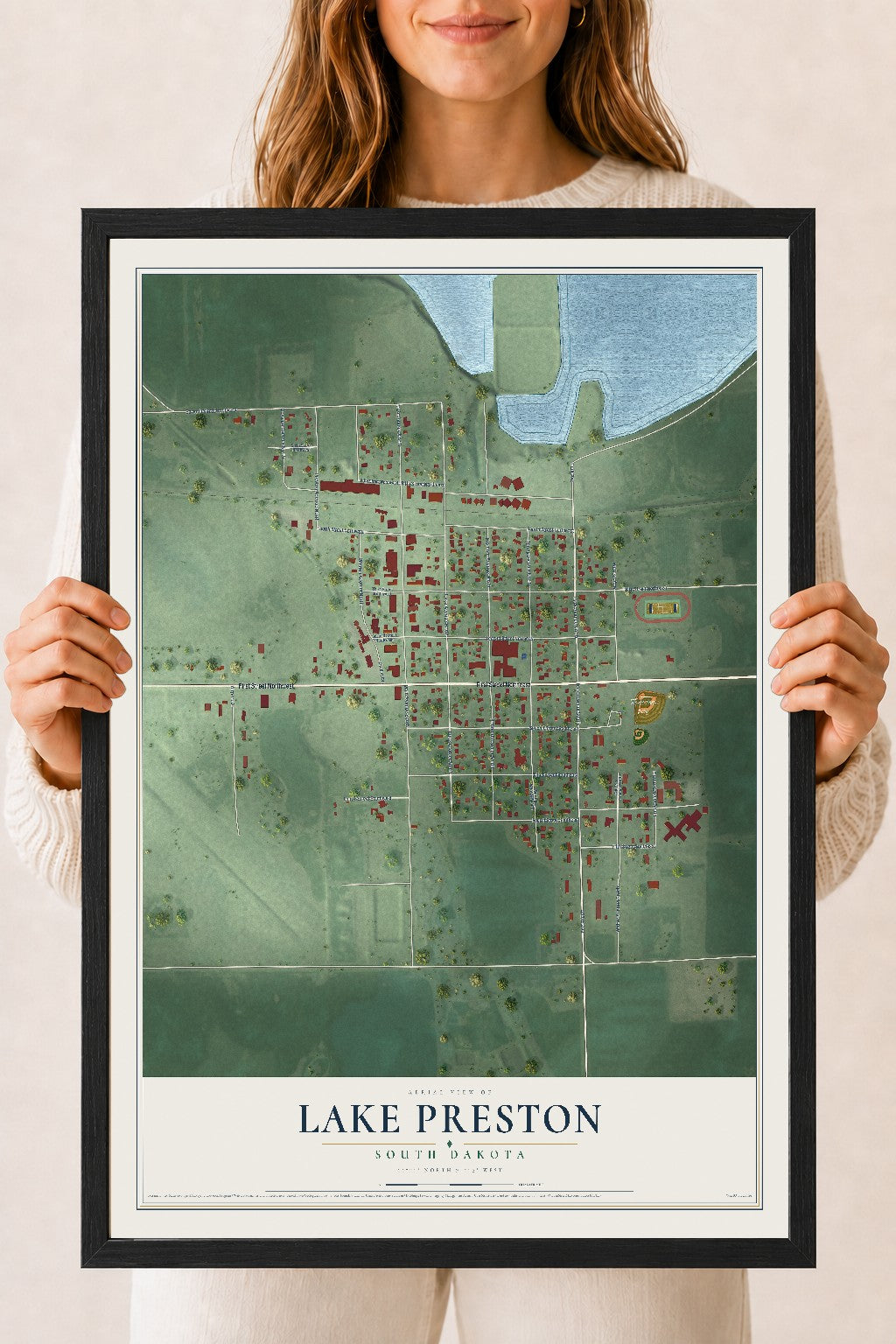 Map of Lake Preston, South Dakota, 18 x 24 inch print in a black wood frame