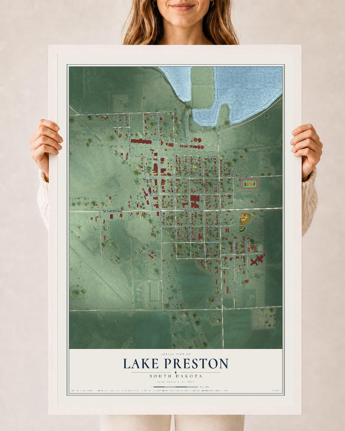 Map of Lake Preston, South Dakota, 24 x 36 inch print in a white wood frame