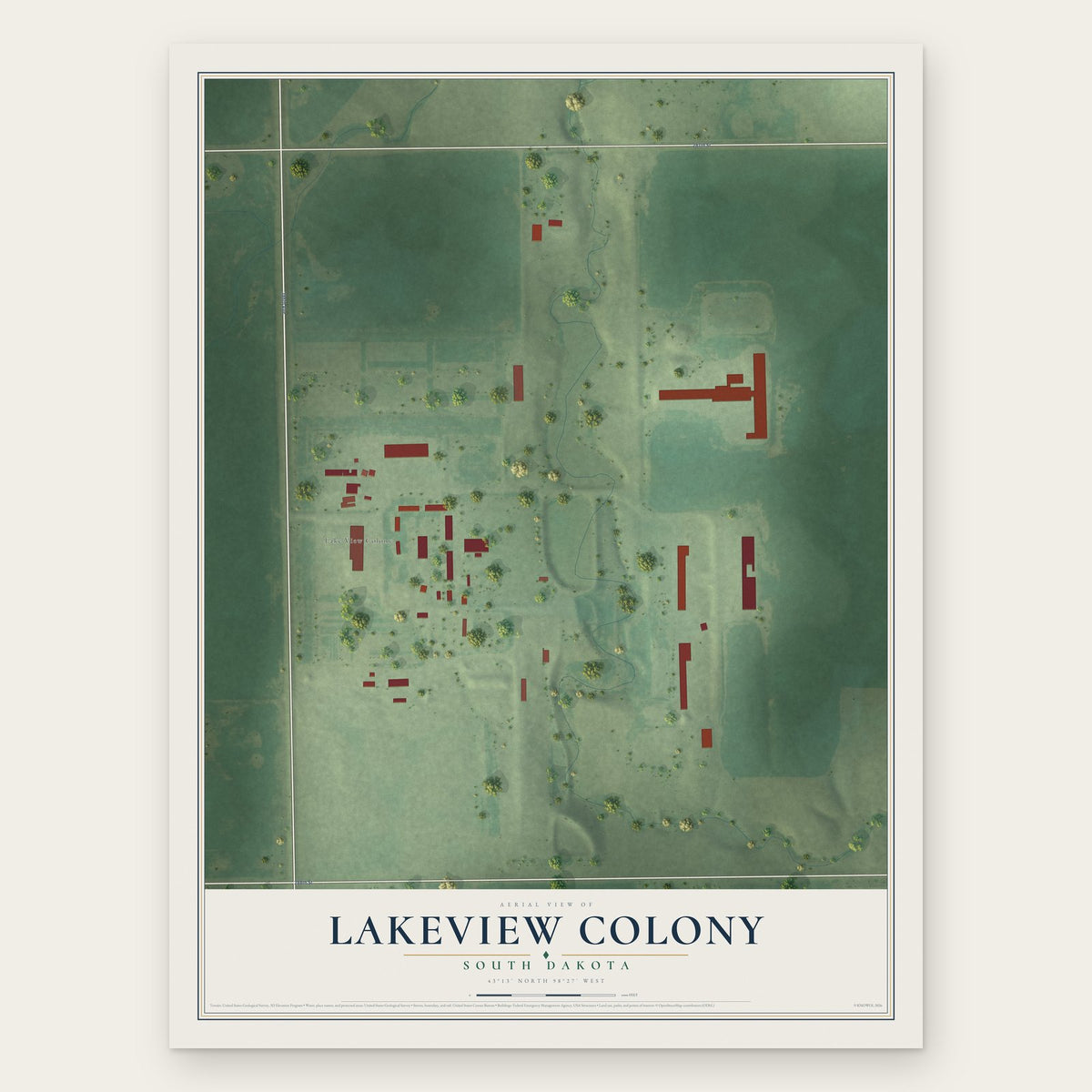 Lakeview Colony, South Dakota map print, the full design