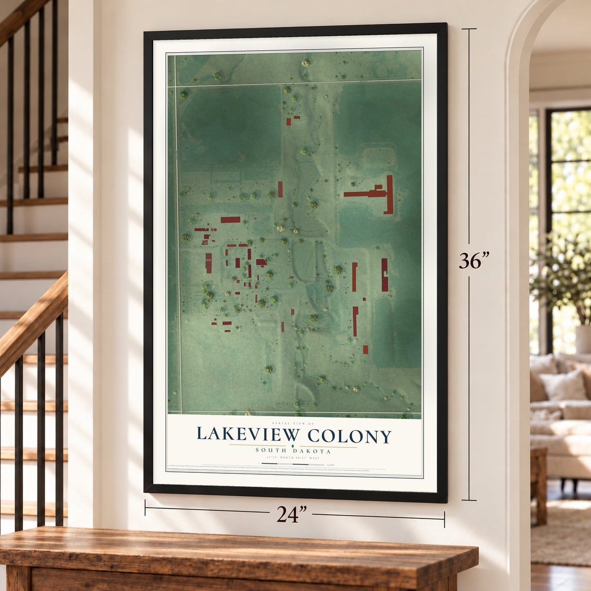 Lakeview Colony, South Dakota map, 24 x 36 inch print in a black frame by a staircase