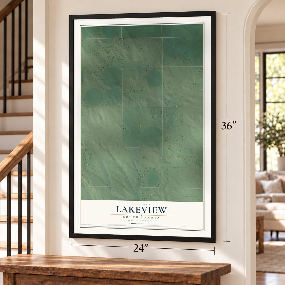 Lakeview, South Dakota map, 24 x 36 inch print in a black frame by a staircase