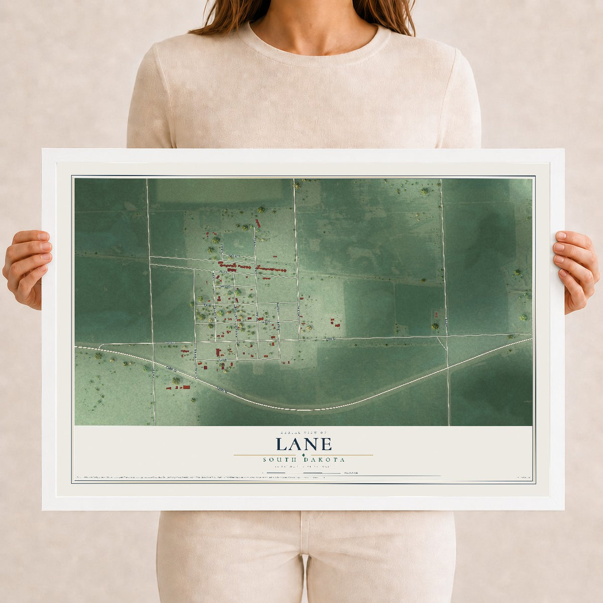 Map of Lane, South Dakota, 12 x 18 inch print in a white wood frame