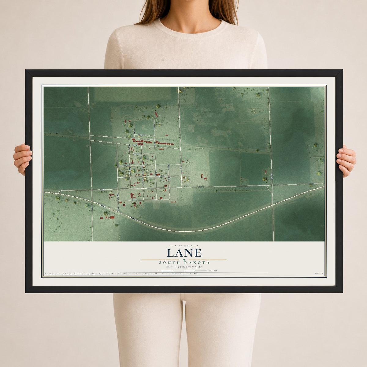 Map of Lane, South Dakota, 24 x 36 inch print in a black wood frame