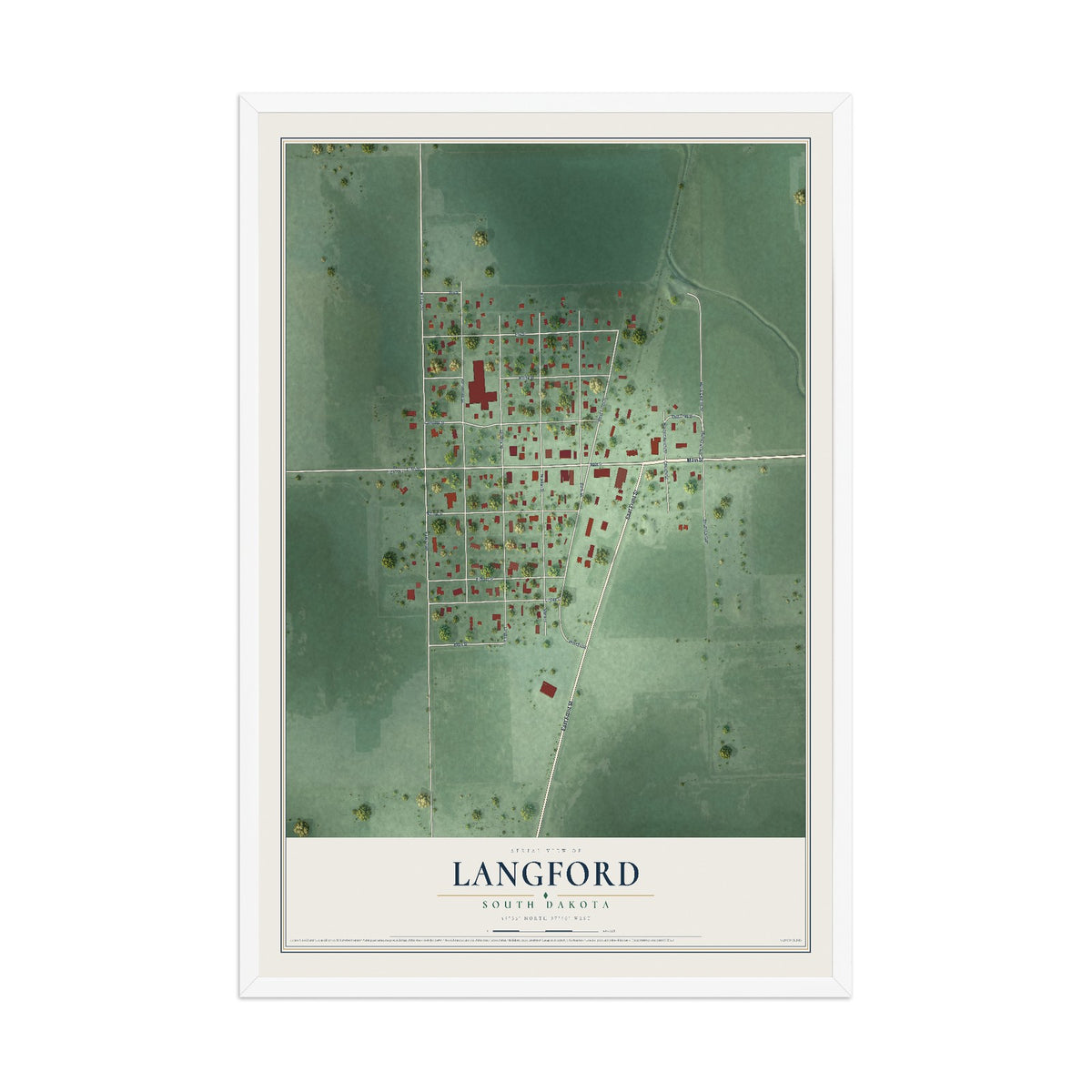 Map of Langford, South Dakota, 12 x 18 inch print in a white wood frame