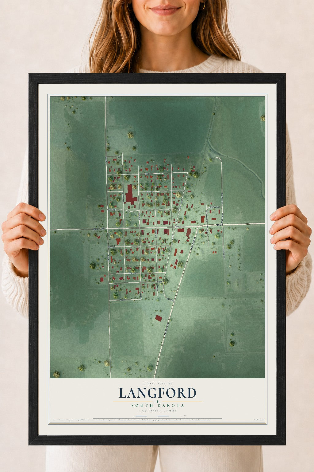Map of Langford, South Dakota, 18 x 24 inch print in a black wood frame