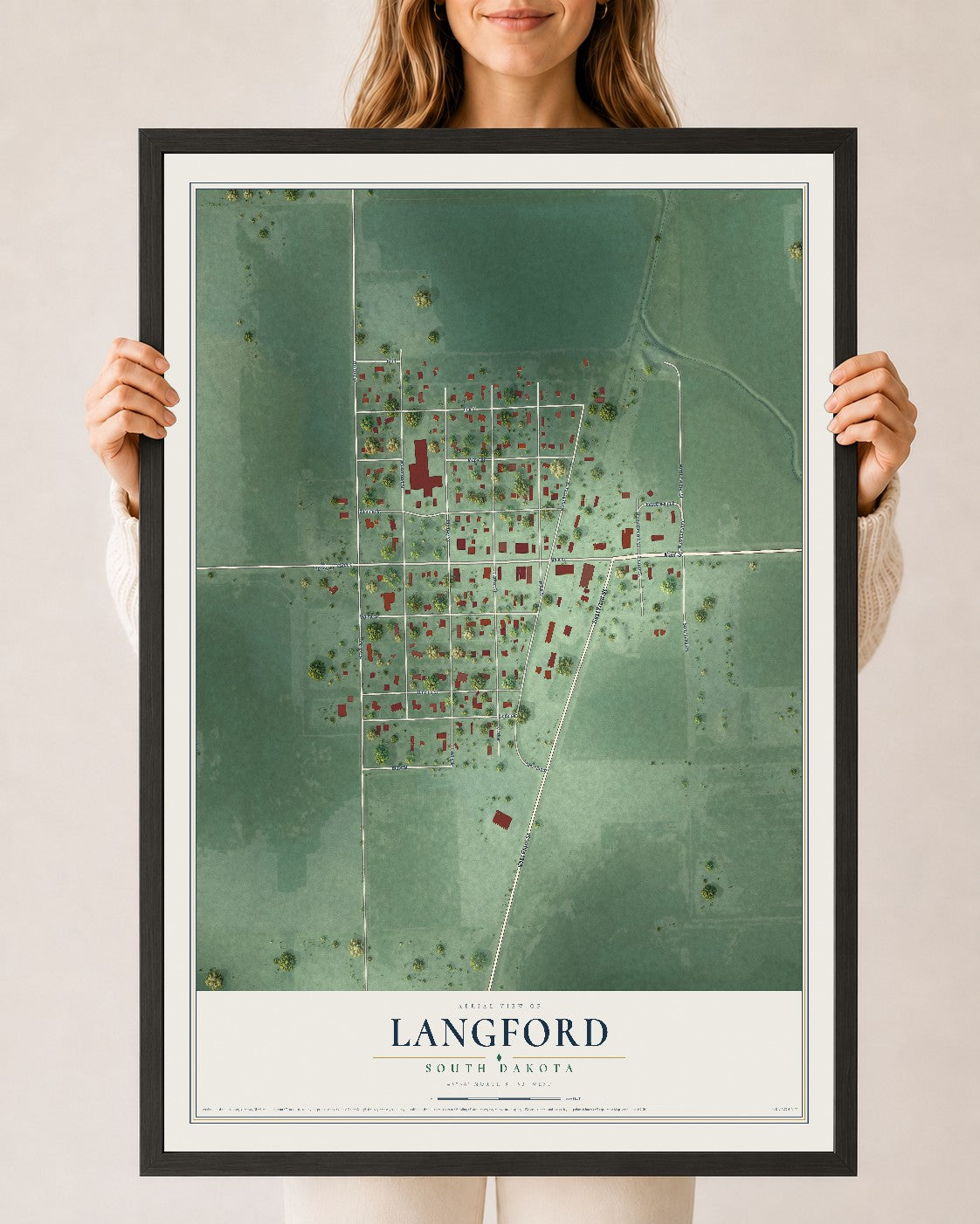 Map of Langford, South Dakota, 24 x 36 inch print in a black wood frame