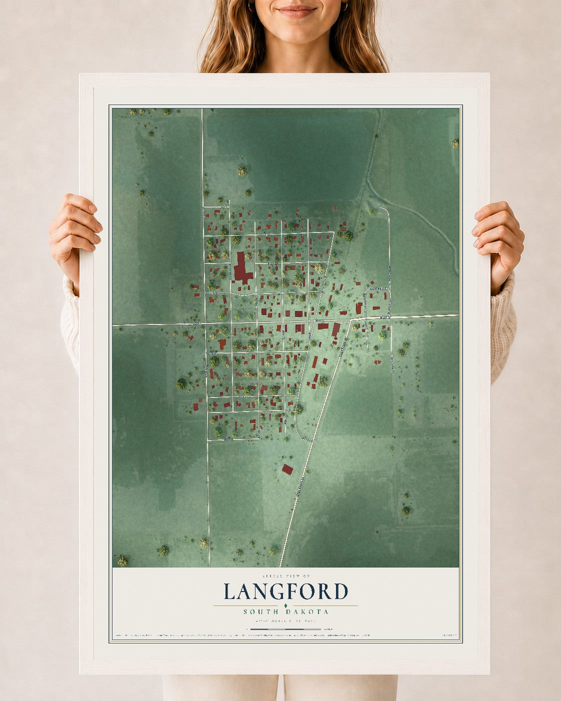 Map of Langford, South Dakota, 24 x 36 inch print in a white wood frame