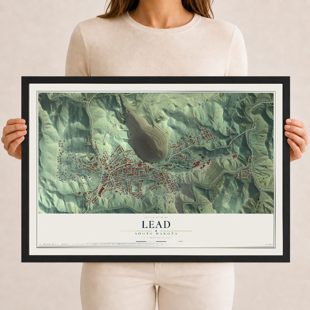 Map of Lead, South Dakota, 12 x 18 inch print in a black wood frame