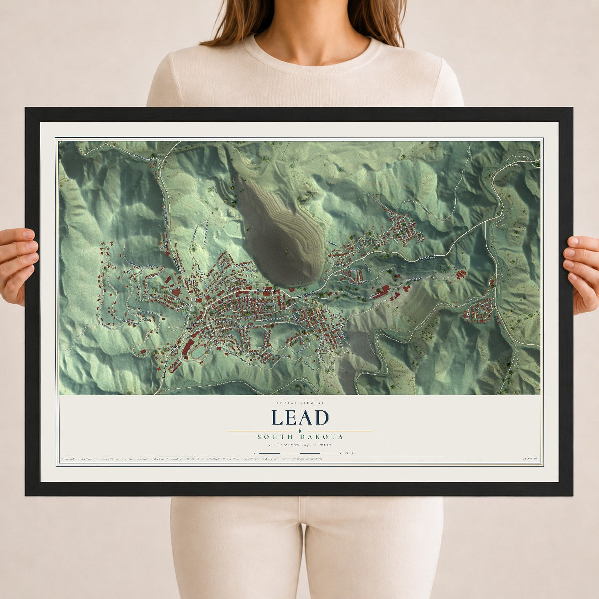 Map of Lead, South Dakota, 18 x 24 inch print in a black wood frame