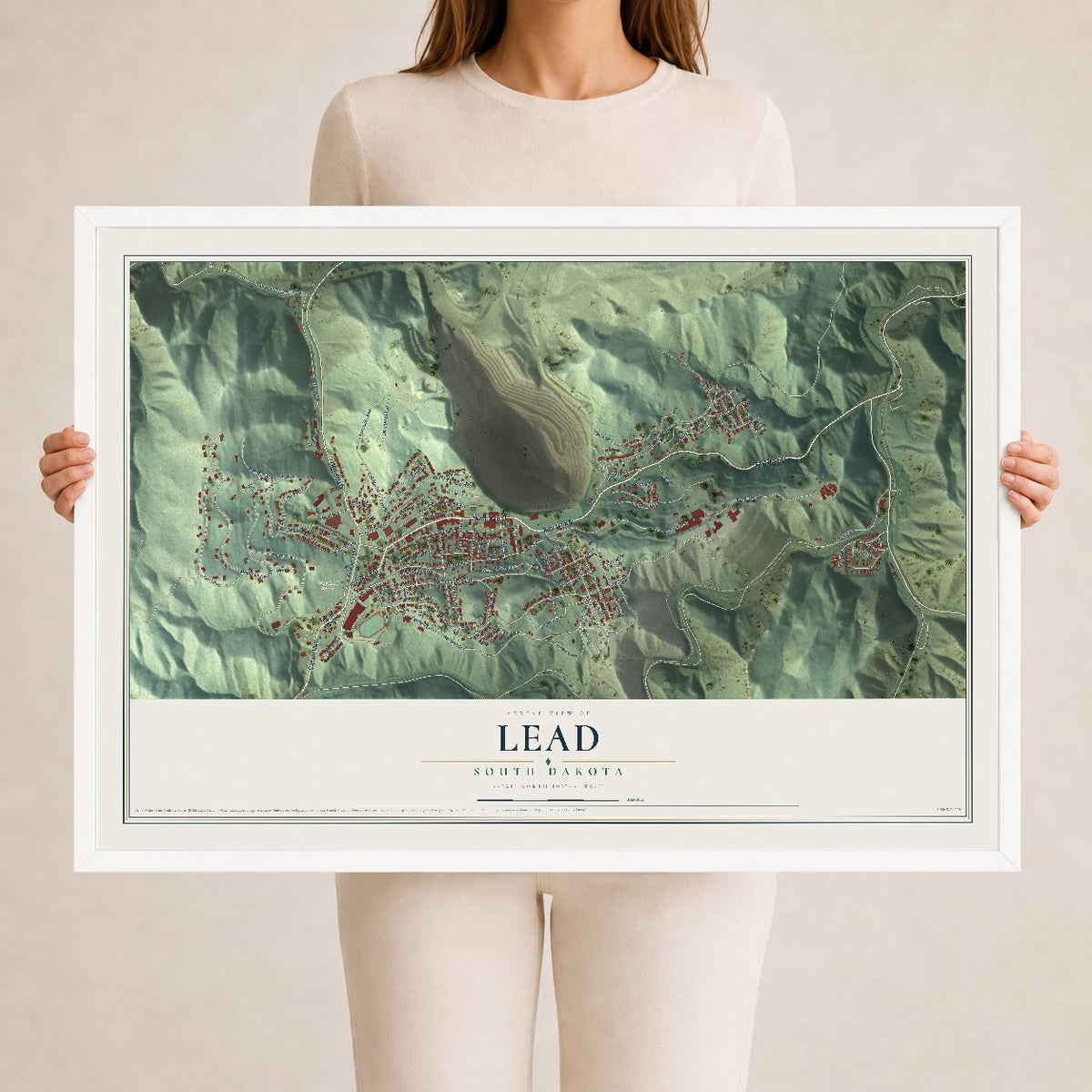 Map of Lead, South Dakota, 24 x 36 inch print in a white wood frame