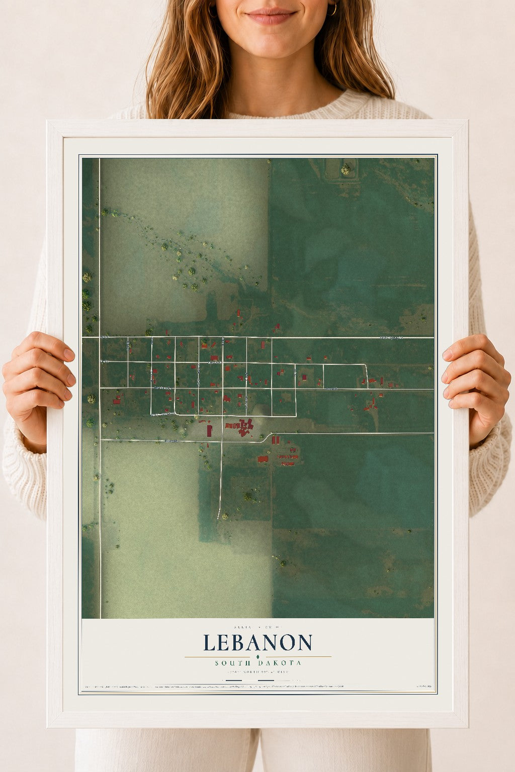 Map of Lebanon, South Dakota, 18 x 24 inch print in a white wood frame