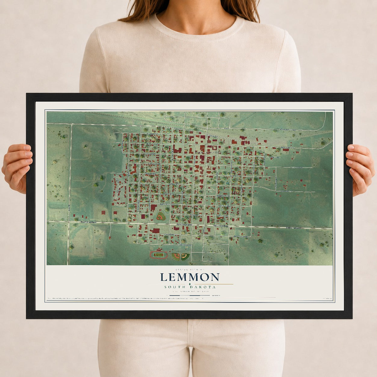 Map of Lemmon, South Dakota, 12 x 18 inch print in a black wood frame