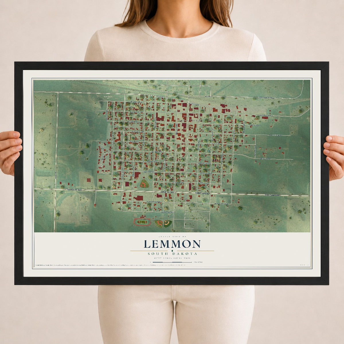 Map of Lemmon, South Dakota, 18 x 24 inch print in a black wood frame