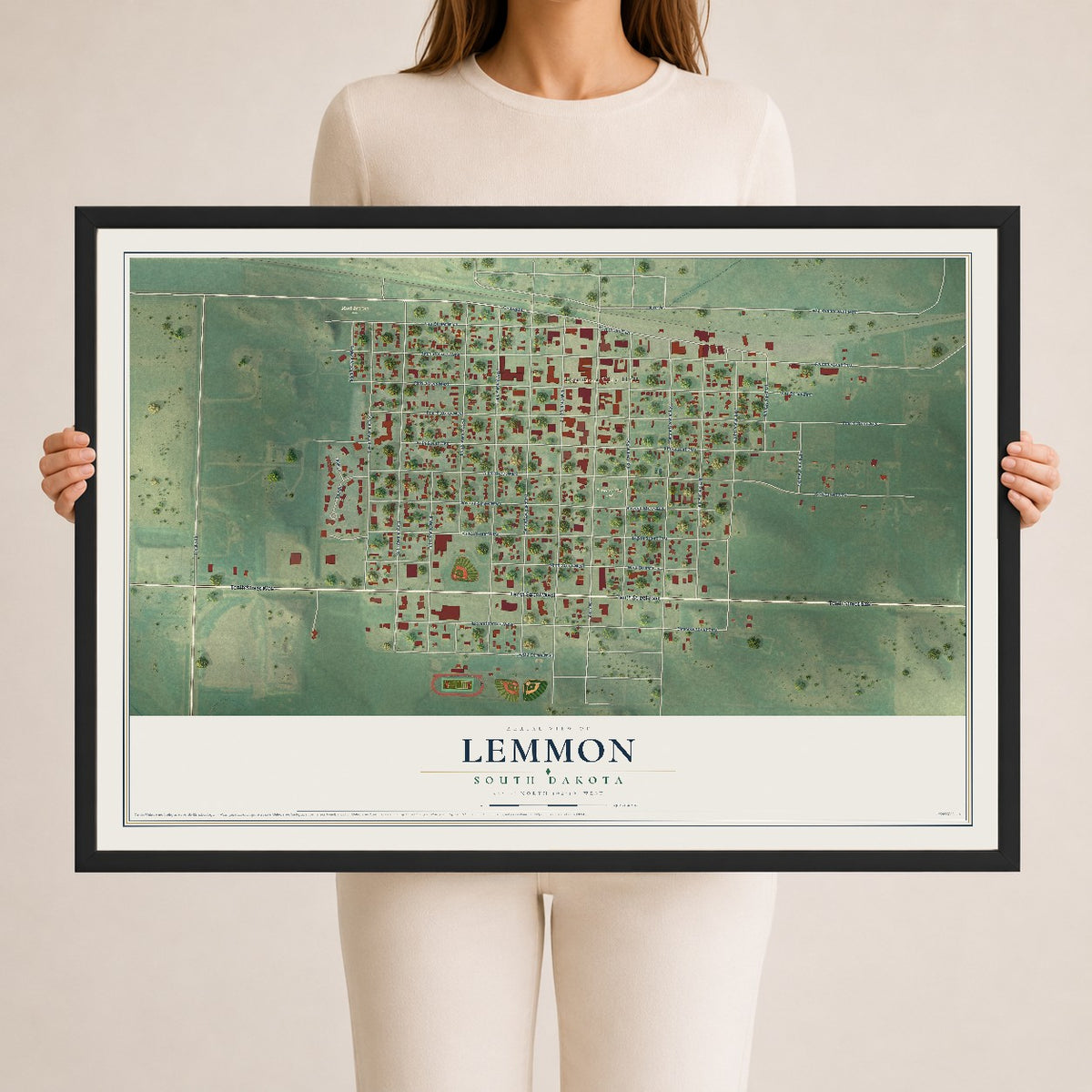Map of Lemmon, South Dakota, 24 x 36 inch print in a black wood frame