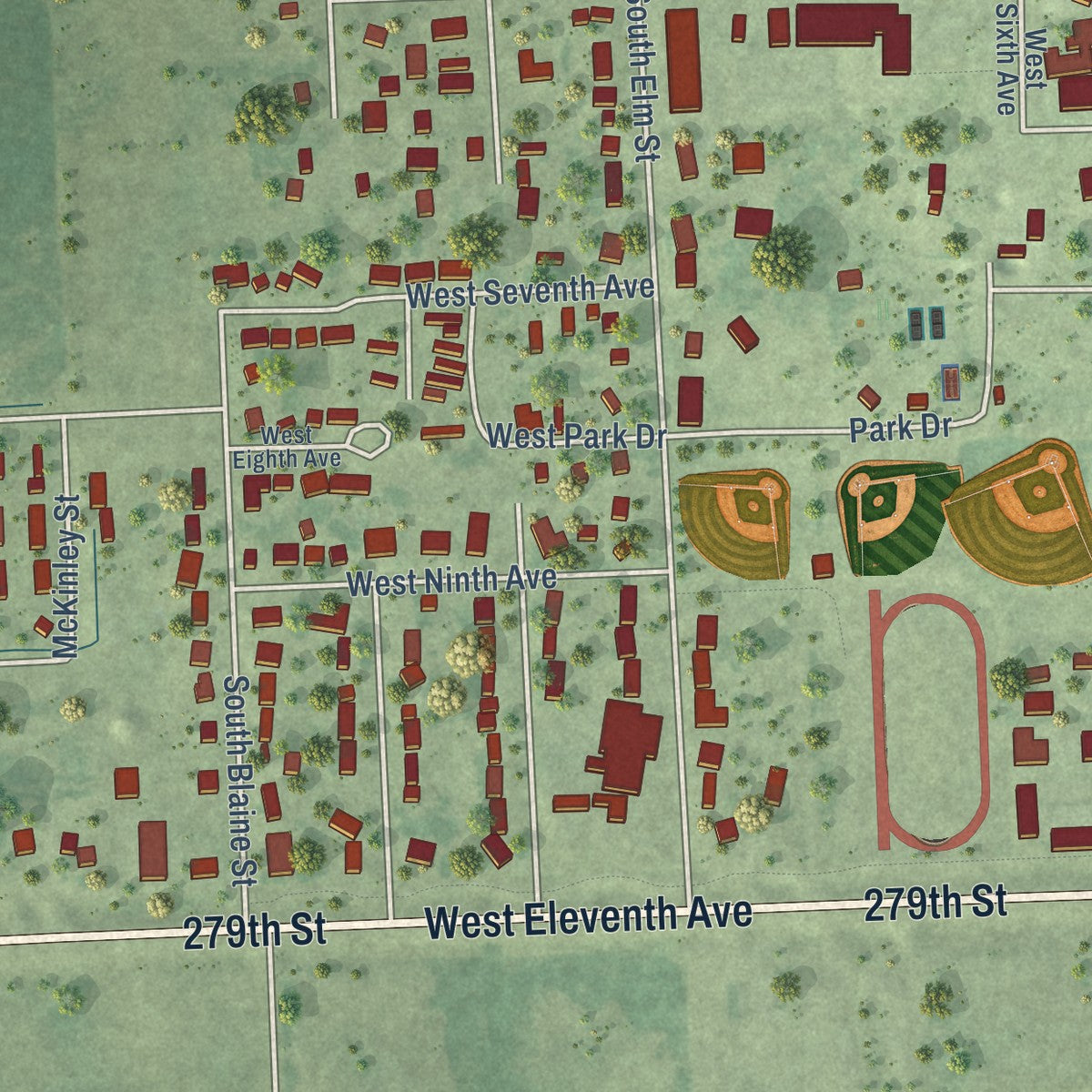 Second close-up of the map of Lennox, South Dakota print showing more streets and buildings