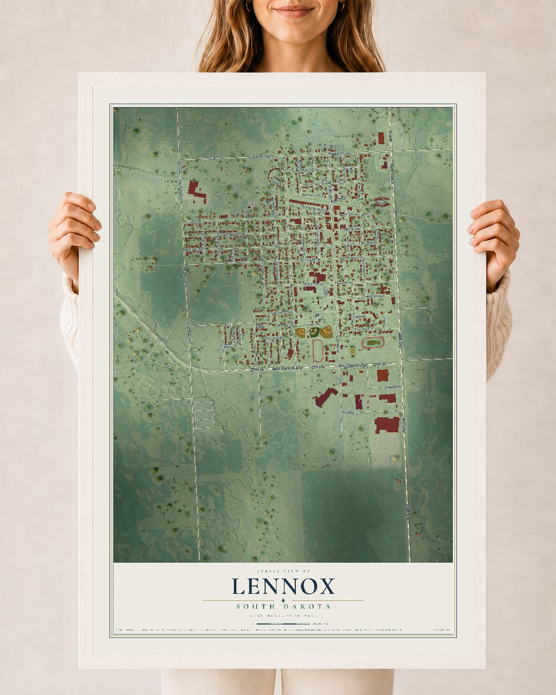 Map of Lennox, South Dakota, 24 x 36 inch print in a white wood frame