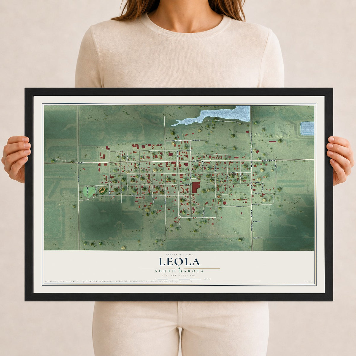 Map of Leola, South Dakota, 12 x 18 inch print in a black wood frame