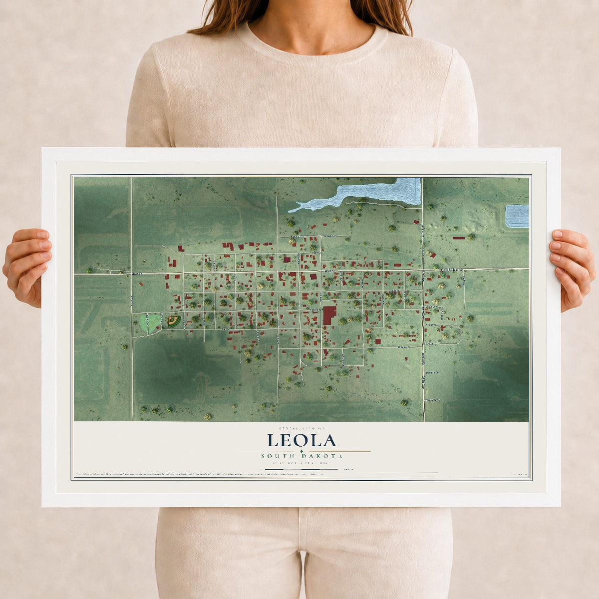 Map of Leola, South Dakota, 12 x 18 inch print in a white wood frame