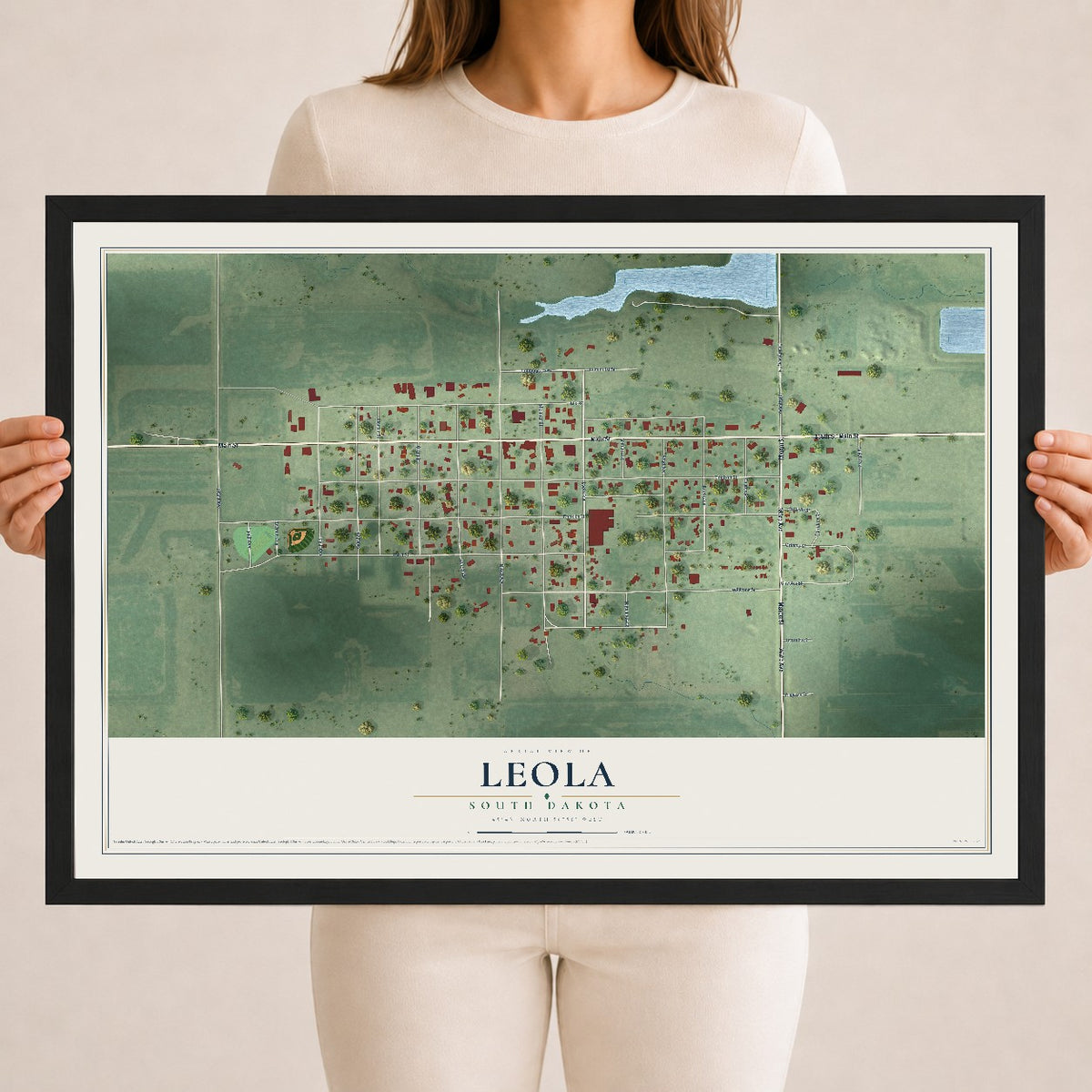 Map of Leola, South Dakota, 18 x 24 inch print in a black wood frame