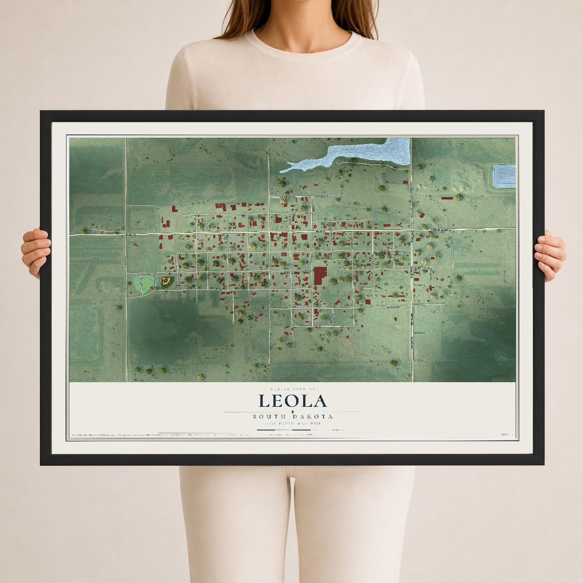 Map of Leola, South Dakota, 24 x 36 inch print in a black wood frame