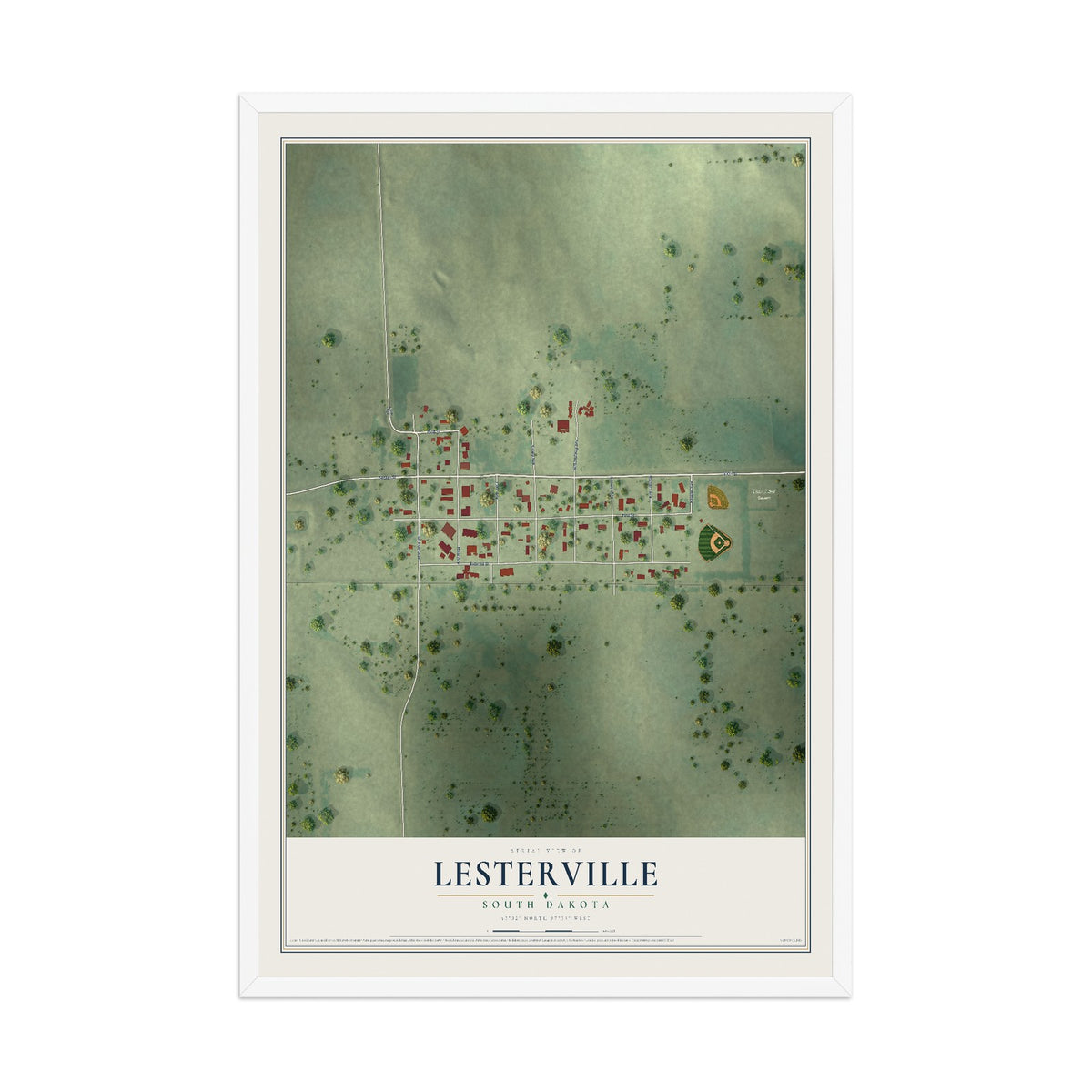 Map of Lesterville, South Dakota, 12 x 18 inch print in a white wood frame