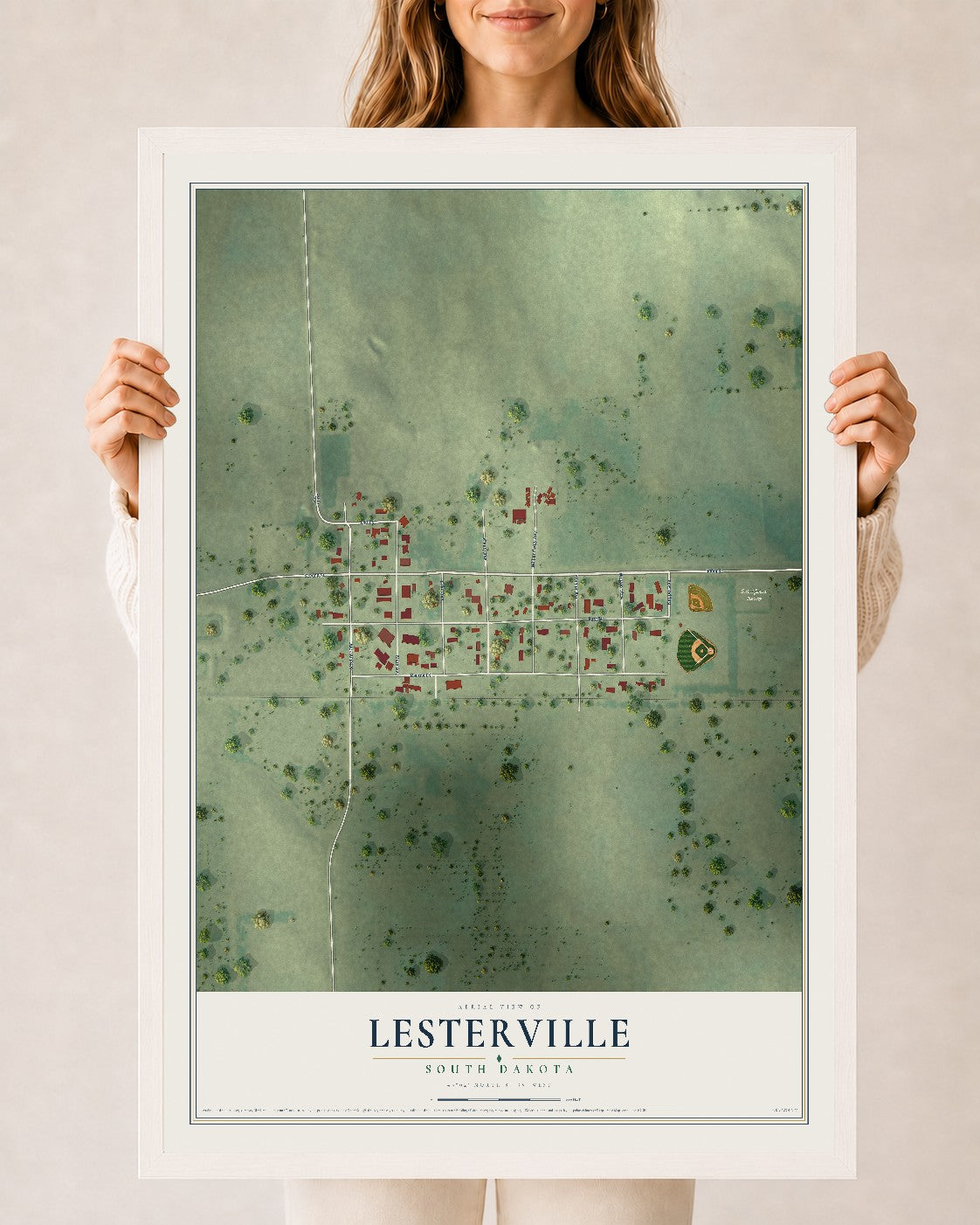 Map of Lesterville, South Dakota, 24 x 36 inch print in a white wood frame