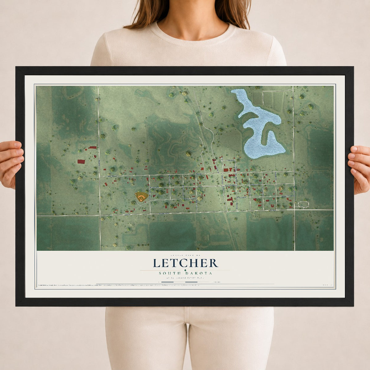 Map of Letcher, South Dakota, 18 x 24 inch print in a black wood frame