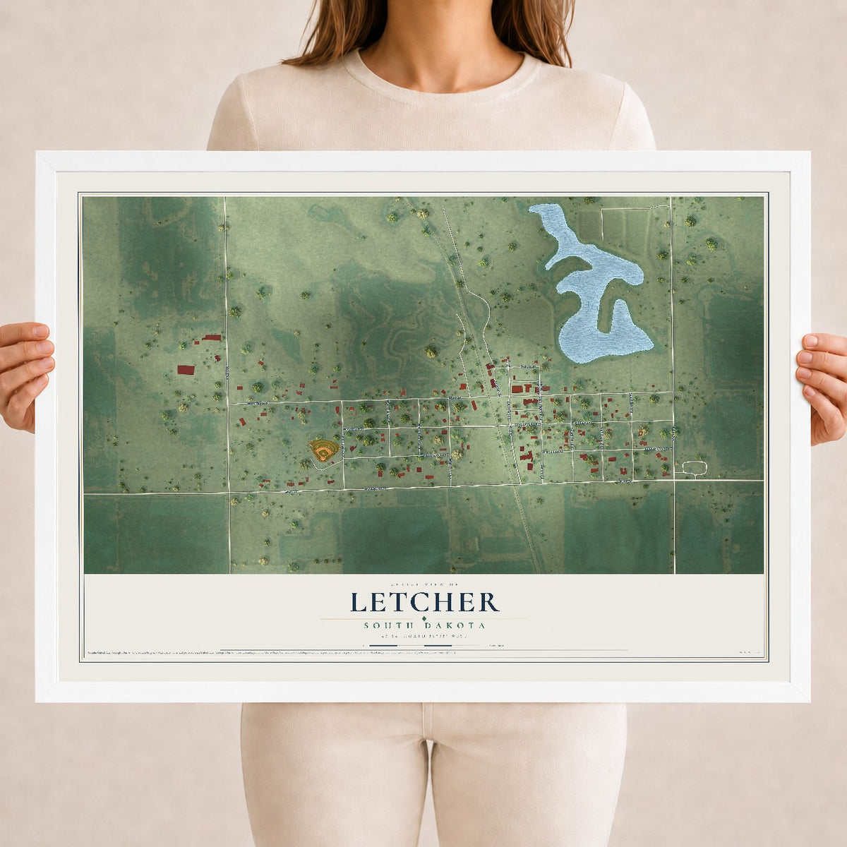 Map of Letcher, South Dakota, 18 x 24 inch print in a white wood frame