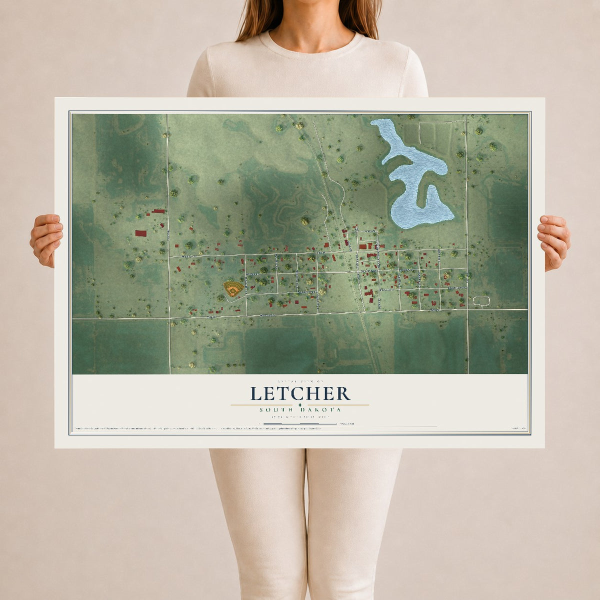 Map of Letcher, South Dakota, 24 x 36 inch unframed archival matte print