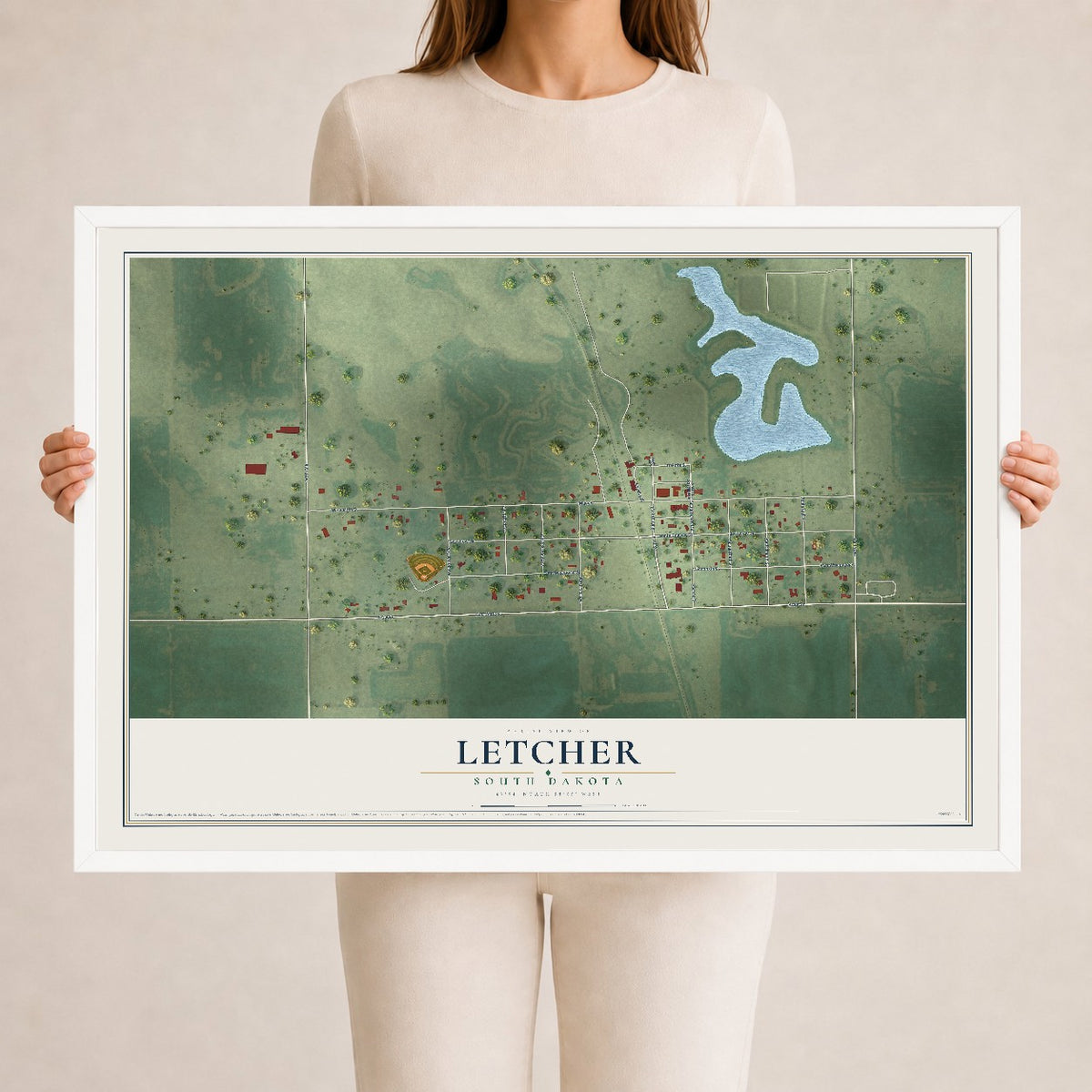 Map of Letcher, South Dakota, 24 x 36 inch print in a white wood frame