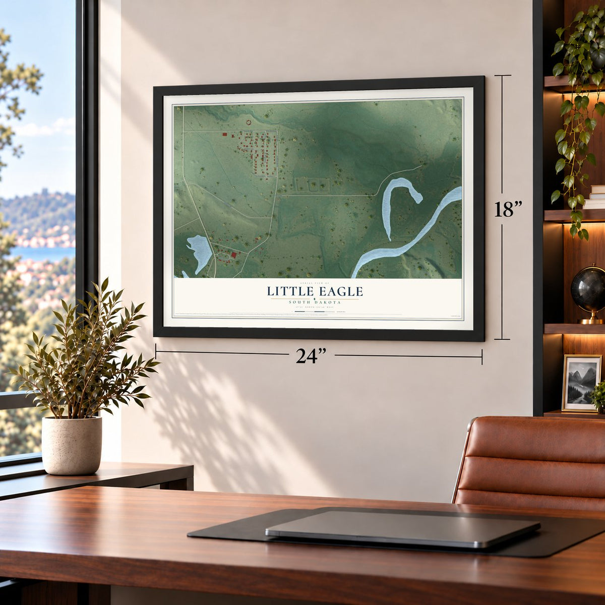 Little Eagle, South Dakota map, 18 x 24 inch print in a black frame in a home office