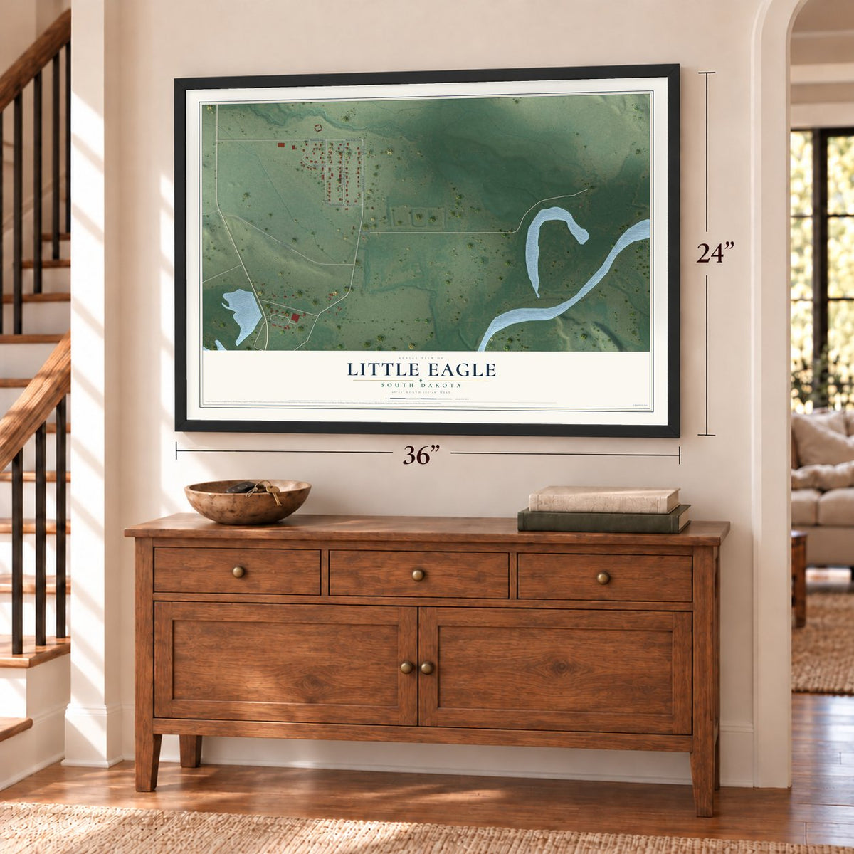 Little Eagle, South Dakota map, 24 x 36 inch print in a black frame above a dresser by a staircase