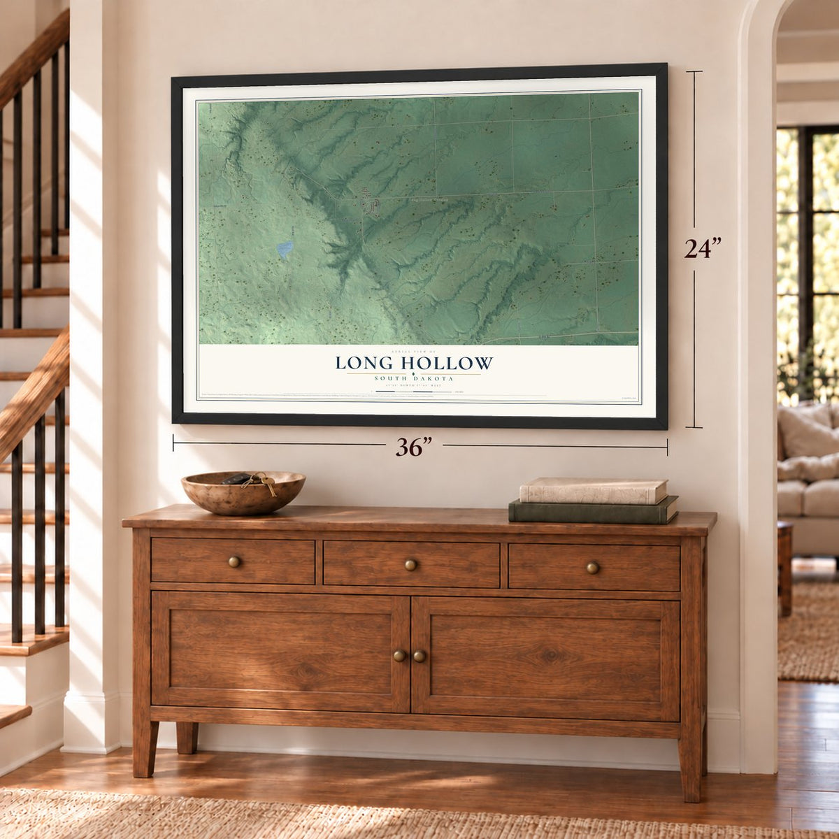 Long Hollow, South Dakota map, 24 x 36 inch print in a black frame above a dresser by a staircase