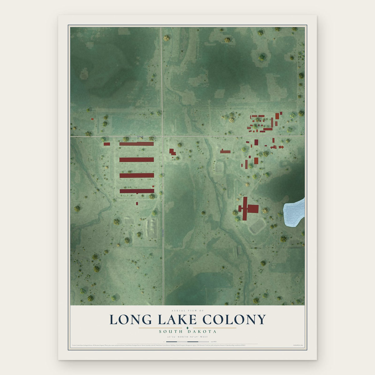 Long Lake Colony, South Dakota map print, the full design