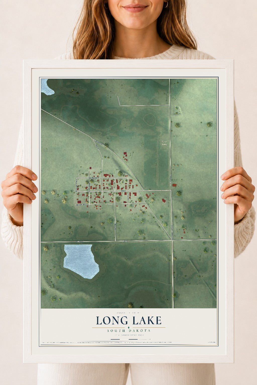 Map of Long Lake, South Dakota, 18 x 24 inch print in a white wood frame