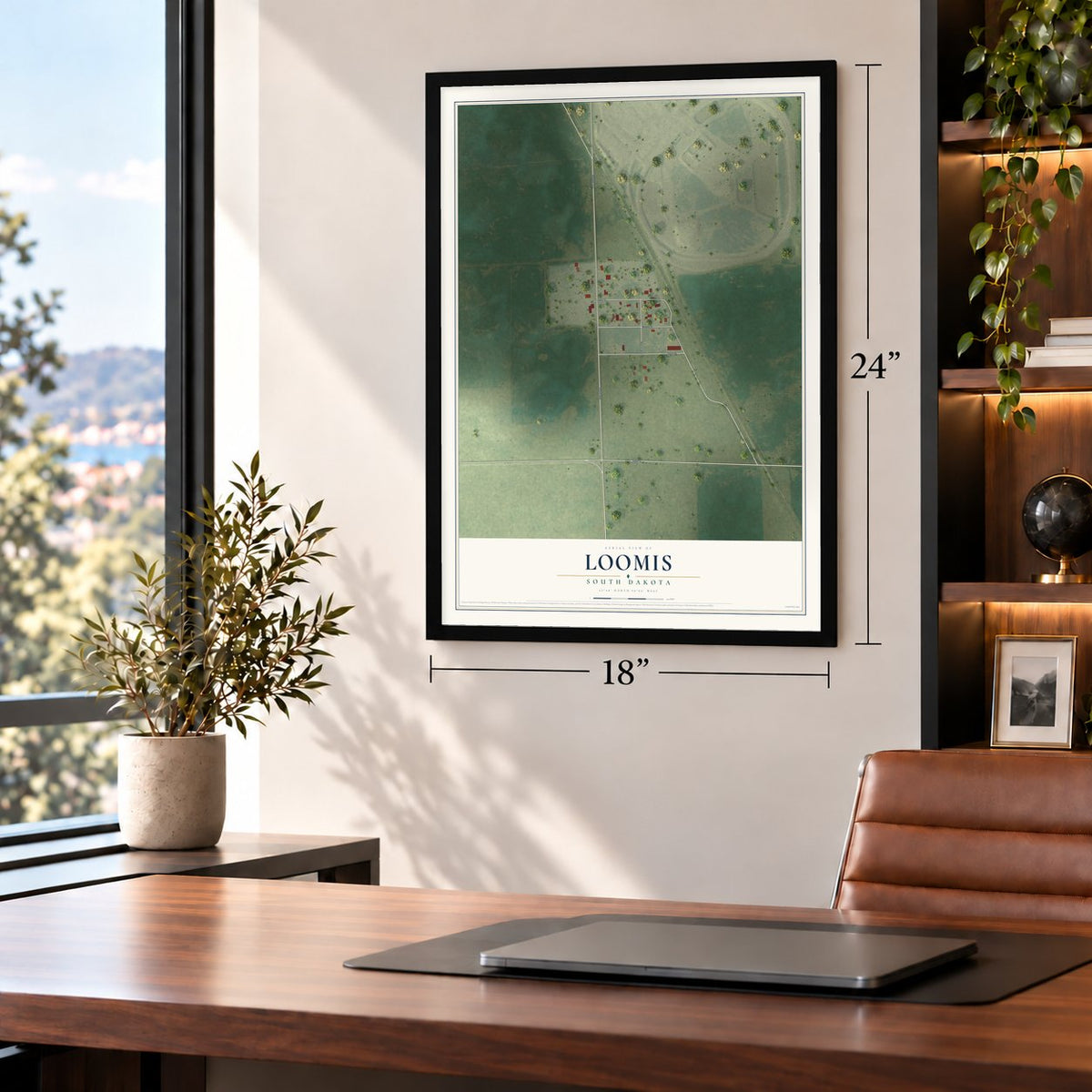 Loomis, South Dakota map, 18 x 24 inch print in a black frame in a home office