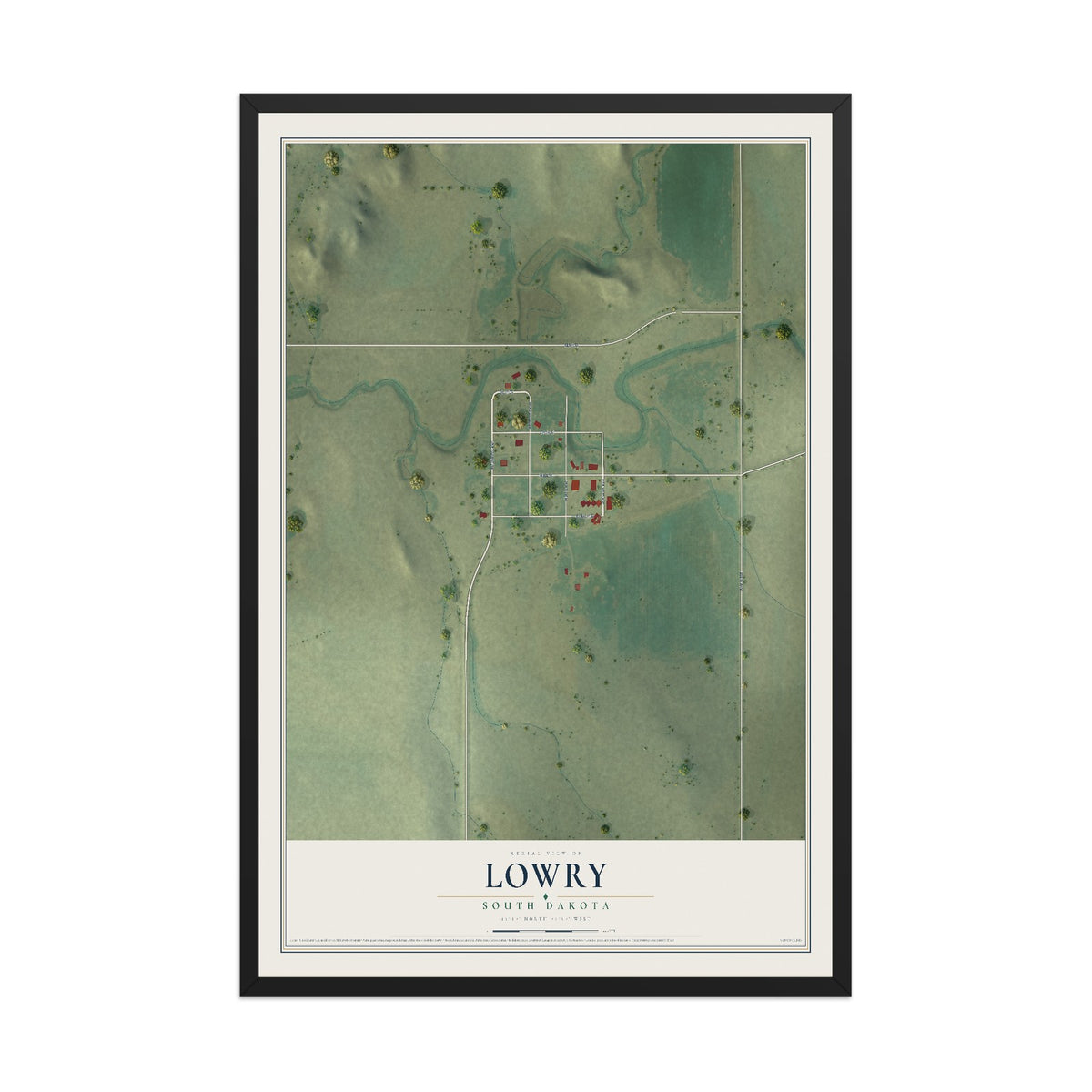 Map of Lowry, South Dakota, 12 x 18 inch print in a black wood frame