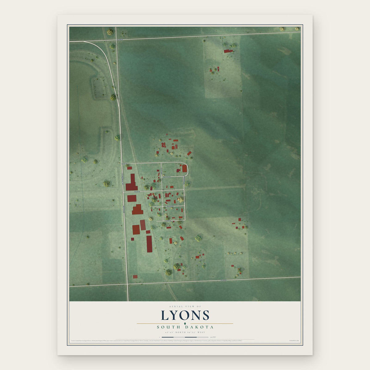Lyons, South Dakota map print, the full design