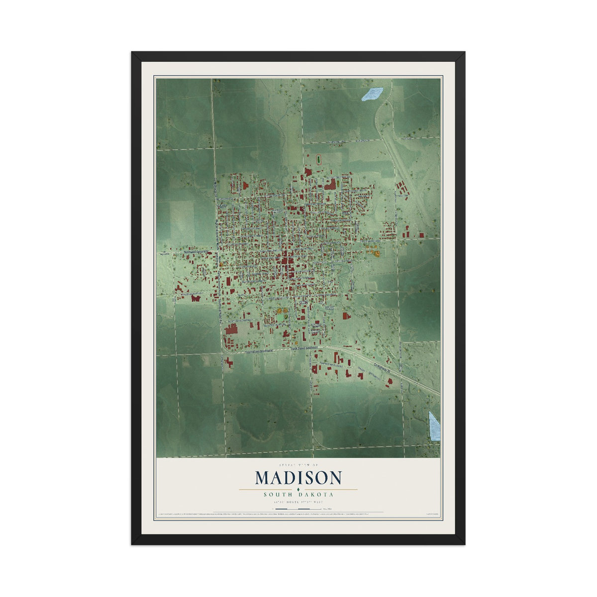 Map of Madison, South Dakota, 12 x 18 inch print in a black wood frame