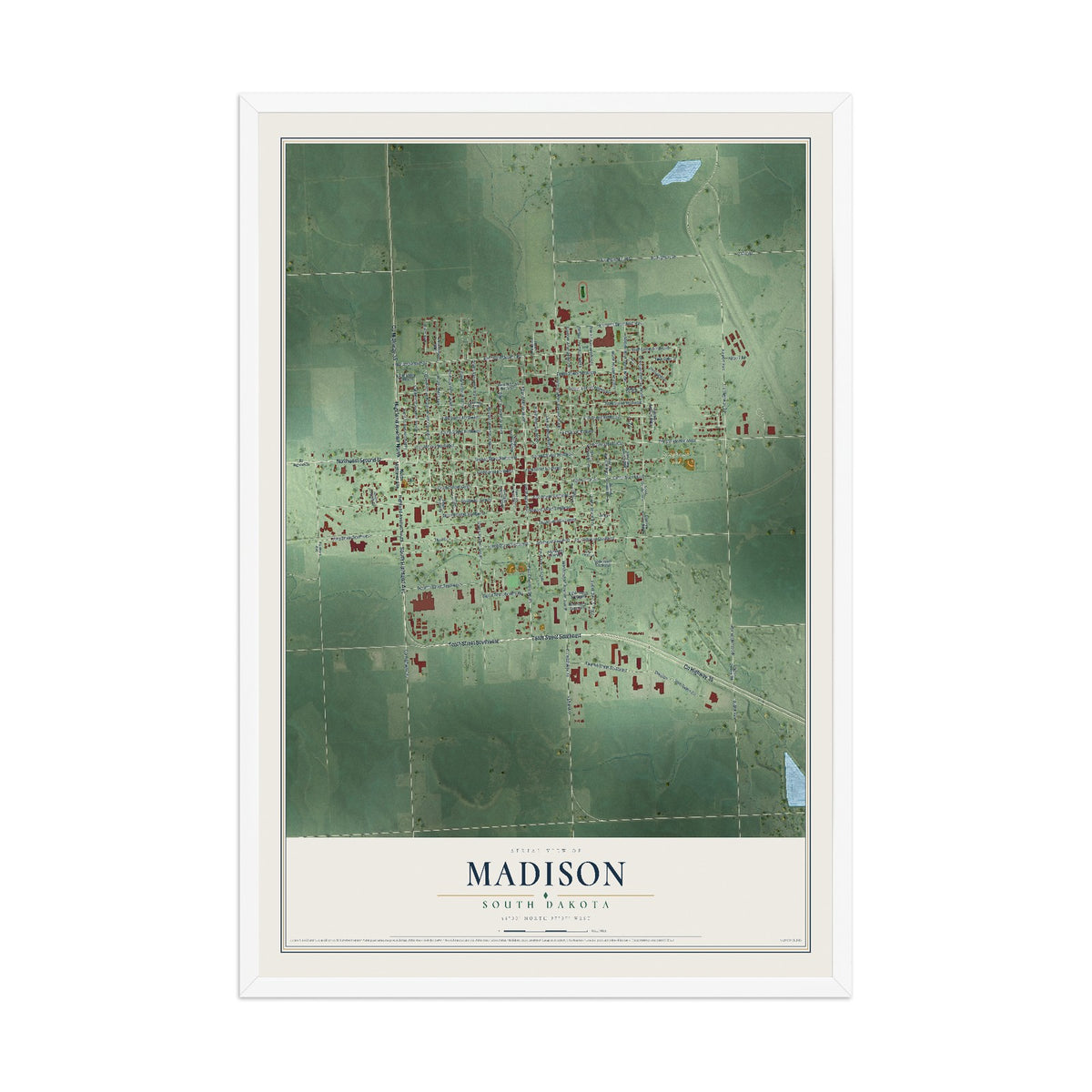 Map of Madison, South Dakota, 12 x 18 inch print in a white wood frame
