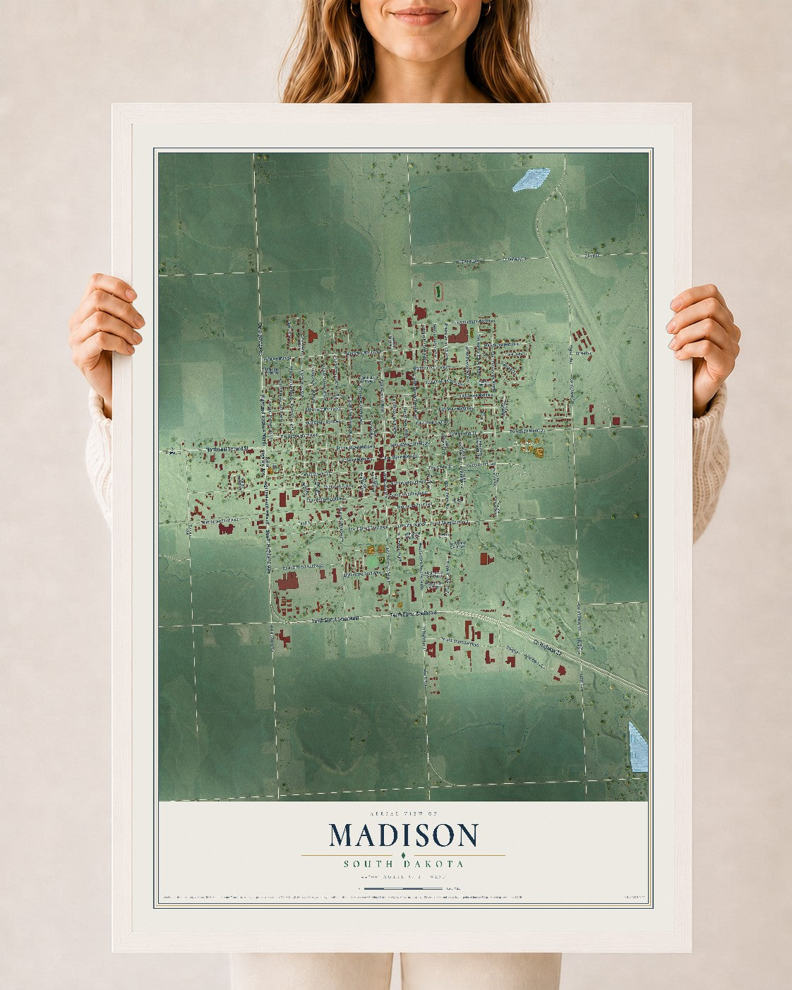 Map of Madison, South Dakota, 24 x 36 inch print in a white wood frame