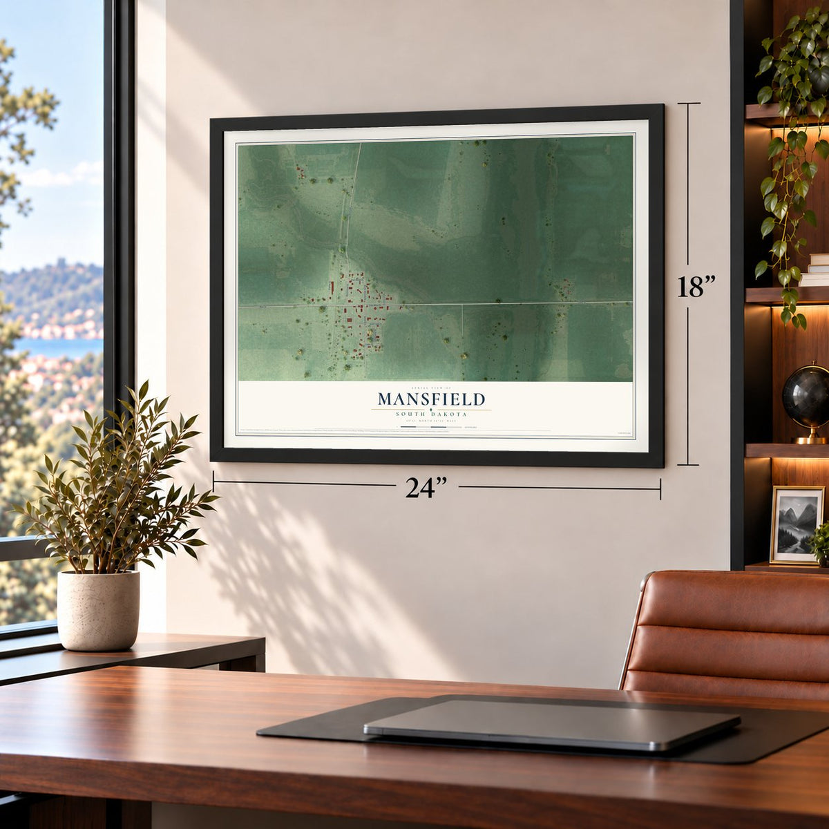 Mansfield, South Dakota map, 18 x 24 inch print in a black frame in a home office