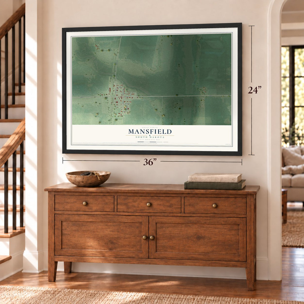 Mansfield, South Dakota map, 24 x 36 inch print in a black frame above a dresser by a staircase