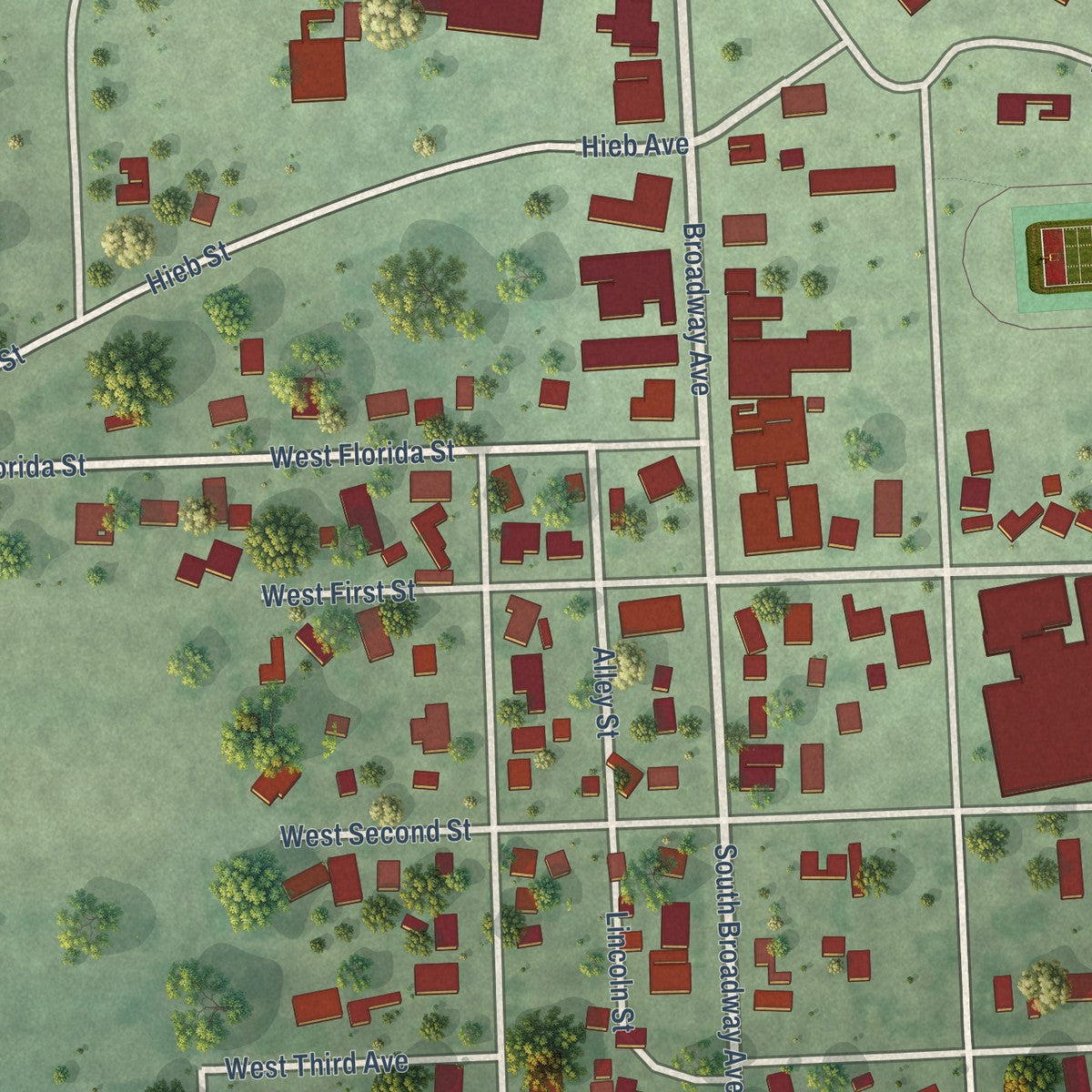 Close-up of the map of Marion, South Dakota print showing street and building detail