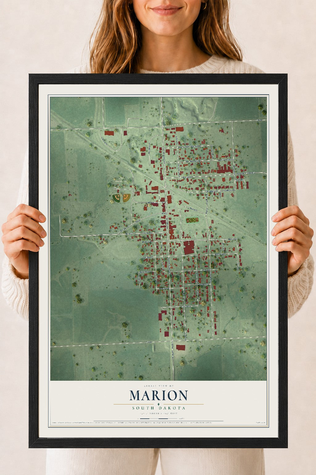 Map of Marion, South Dakota, 18 x 24 inch print in a black wood frame